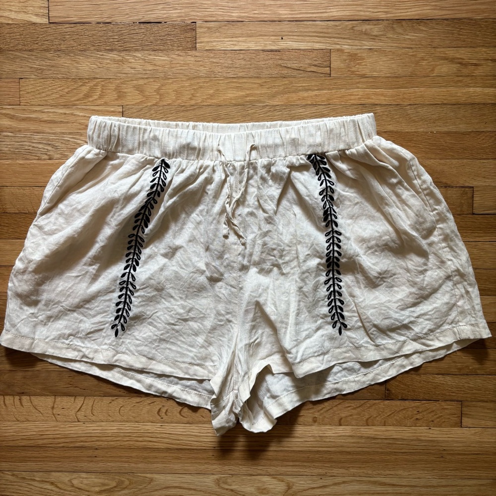 VRG GRL Cream 100% Linen Boho Shorts 14 Embroidered Casual Beach Resort Relaxed